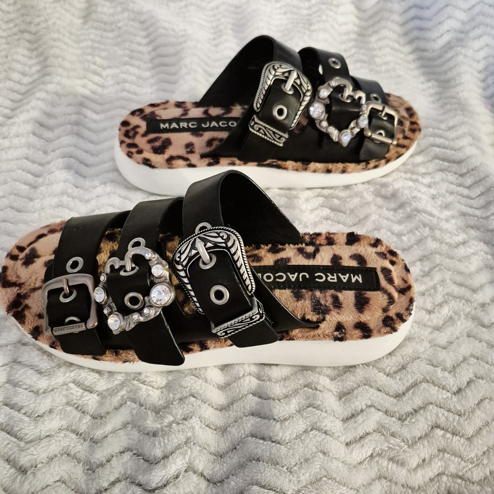 Marc Jacobs Edgy Leopard Print Sandals with Rhinestone Straps - Picture 8 of 10